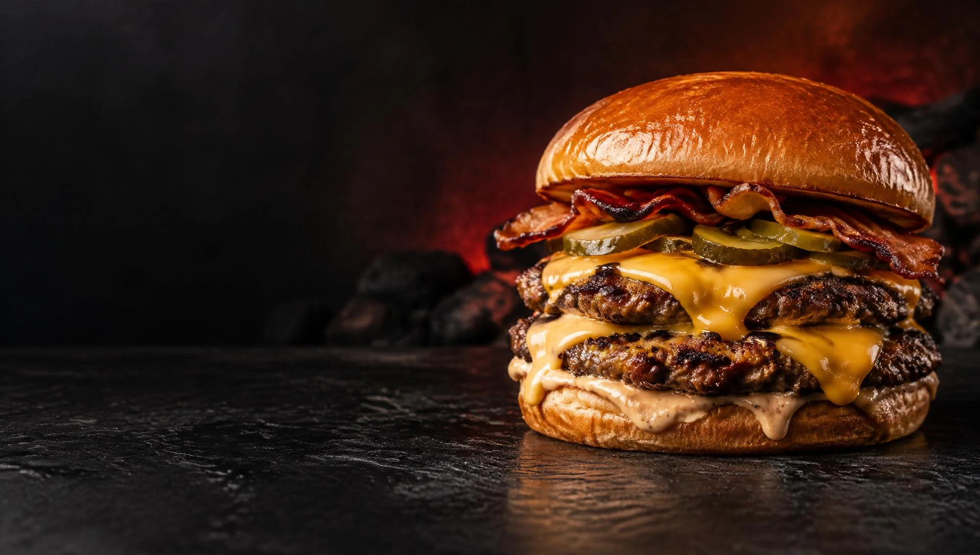 Hambúrguer artesanal com carne suculenta, cheddar derretido e pão dourado