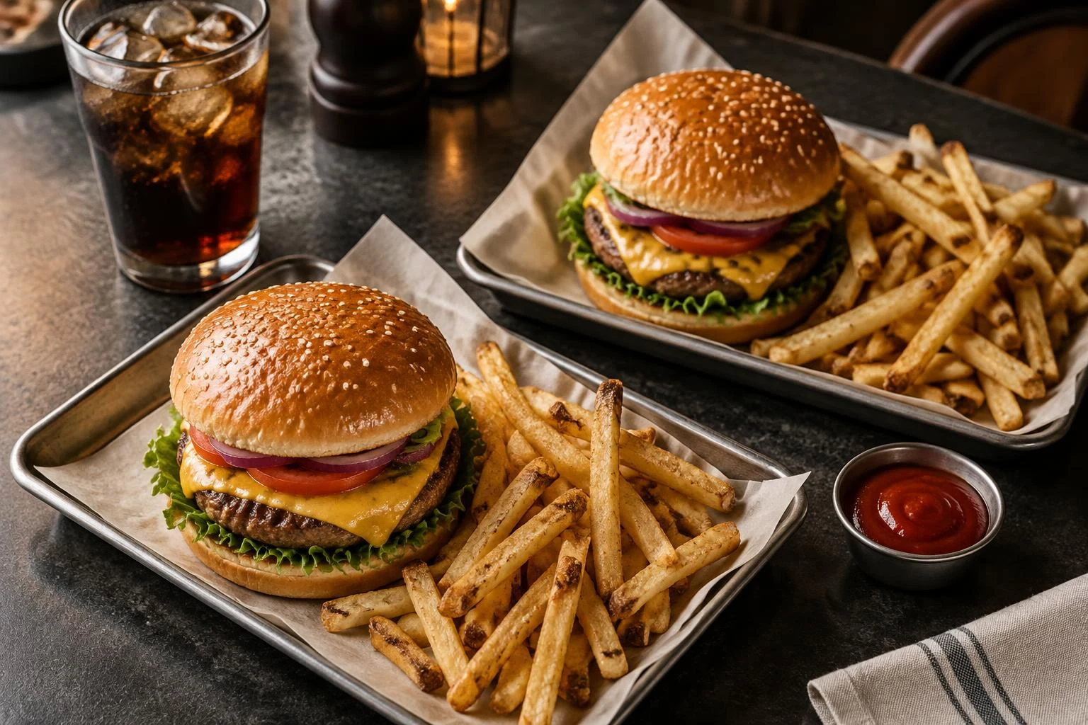 Burgers artesanais, fritas douradas e bebida à mesa